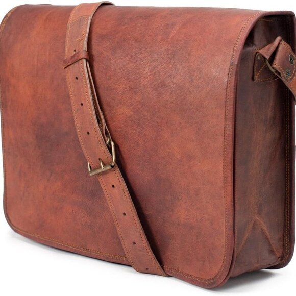 Leather Messenger Bag Shoulder Bag Satchel for Women Mens Brown - Picture 1 of 8